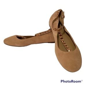 J. CREW NEW SHOES FLATS TAN SUEDE LEATHER T ANKLE STRAPS ROSE GOLD STUDS SIZE 8